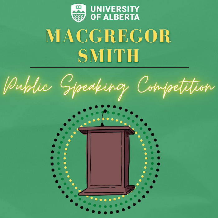 Text reads MacGregor Smith Public Speaking Competition with a graphic of a podium