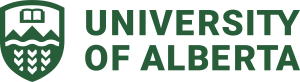 University of Alberta logo shows a crest containing a book, mountains and a wheat field
