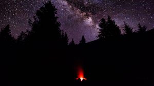 fire in a camp under a starry sky